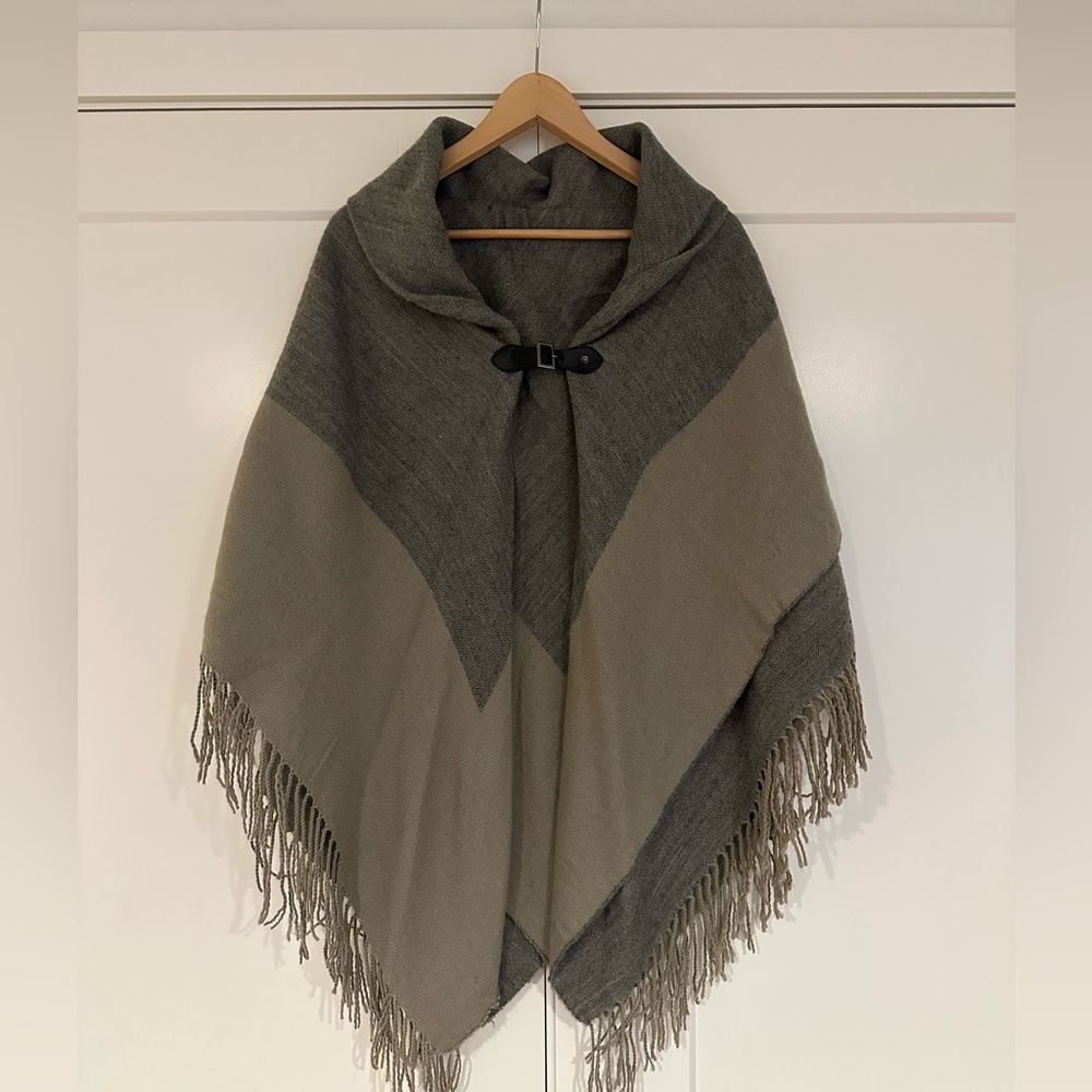 Gray cape with faux buckle in front